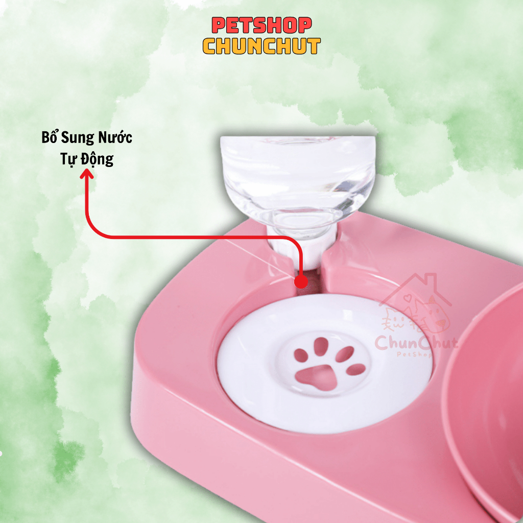 Bát Ăn Chó Mèo Chống Gù, Đế Chống Lật Kèm Bình Nước Tự Động Bằng Nhựa Hình Tai Mèo Cho Thú Cưng