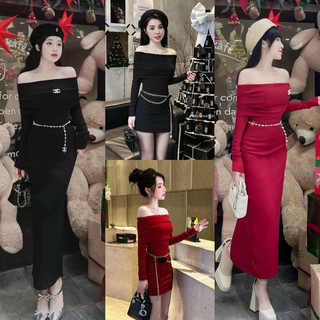 Đầm Len Tăm Trễ Vai Dáng Dài Và Dáng Ngắn Cài Tag X Kèm Đai Xích