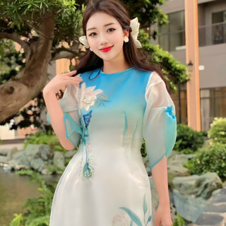 ÁO DÀI XANH HOA SEN TAY NHÚN CAO CẤP ( KÈM QUẦN )