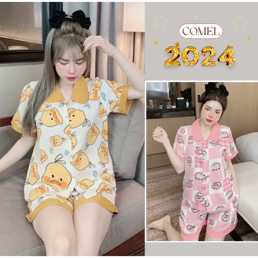 Bộ pijama lụa mango, bộ đồ ngủ nữ áo cổ sen quần đùi mặc nhà dễ thương Freesize 35-58kg- COMEL