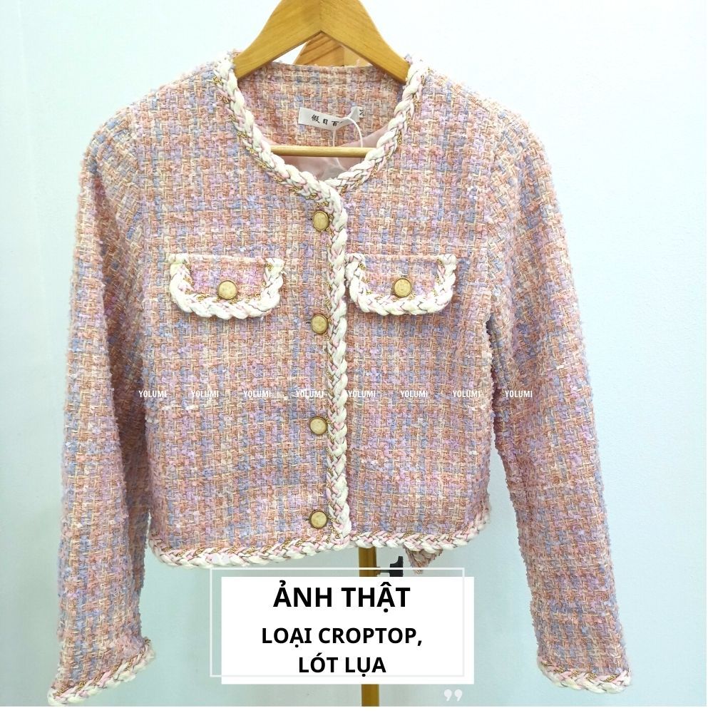 Áo Khoác Dạ Tweed Áo Dạ hồng phối cúc đồng siêu xinh phong cách Hàn Quốc YOLUMI