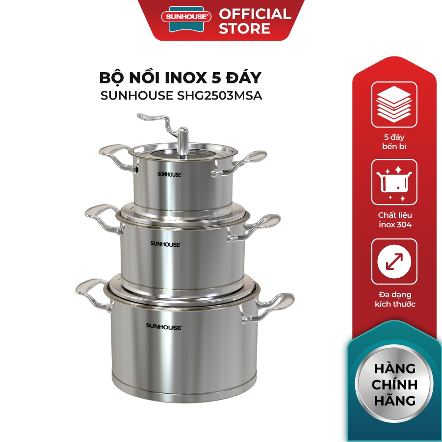 Bộ nồi inox 5 đáy SUNHOUSE SHG2503MSA - Đường kính 16cm - 20cm - 24cm - Dùng mọi loại bếp - Hàng Chính Hãng