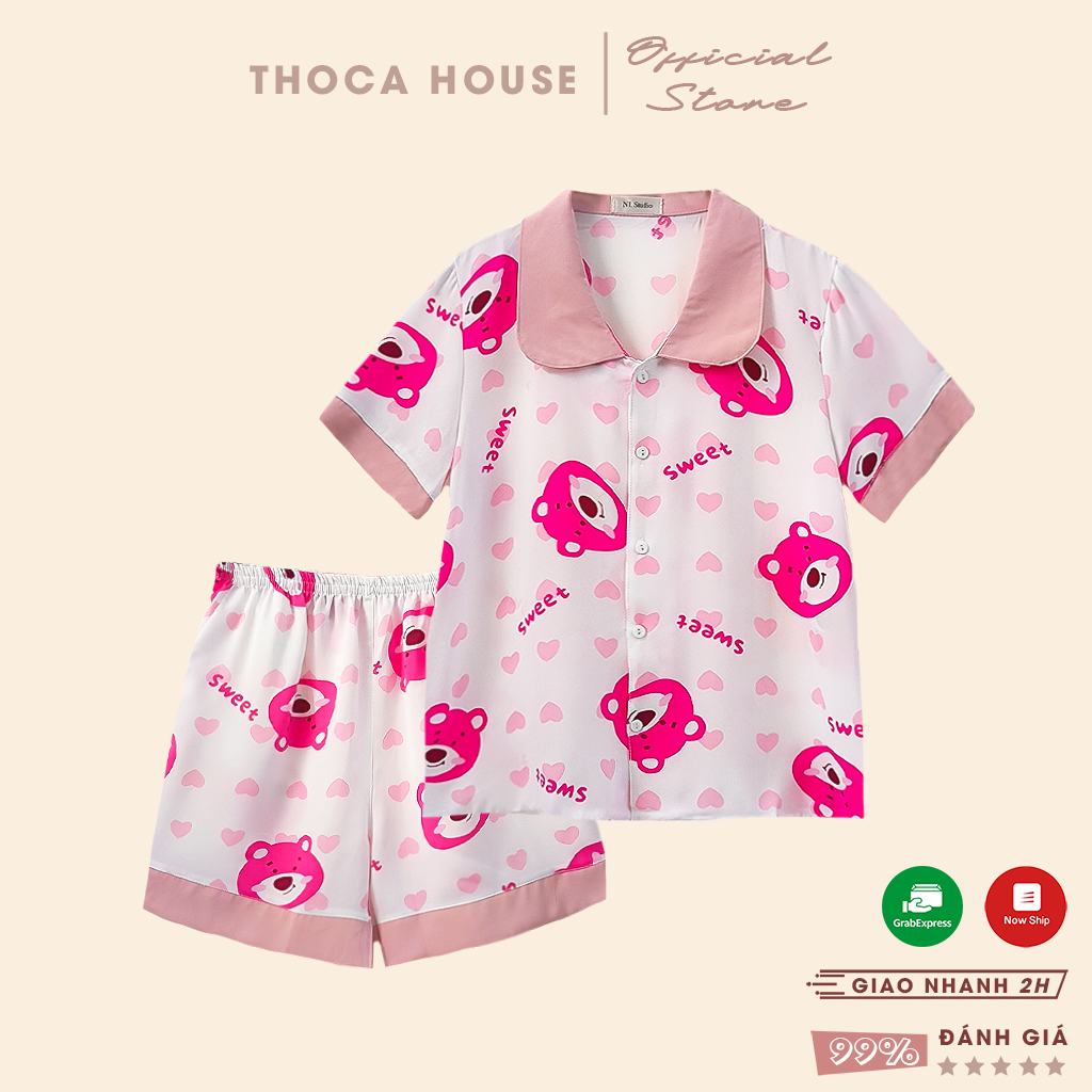 Bộ pijama đùi mặc nhà lụa mango THOCA HOUSE đồ bộ đùi mặc nhà hoạt hình dễ thương cho bạn gái lụa mát thoải mái