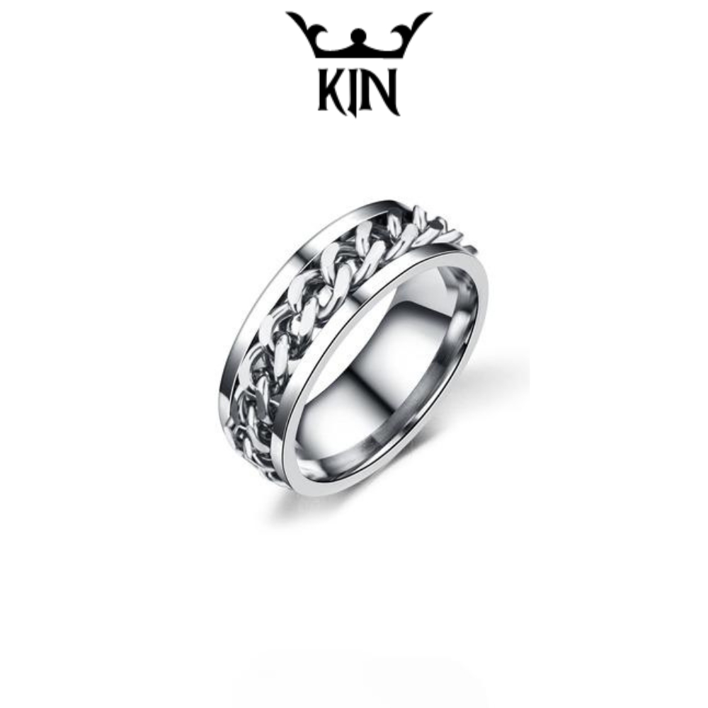 Nhẫn Nam Xoay Phối xích bằng thép titan không gỉ màu bạc phong cách Rock Hiphop Punk Kin Accessories