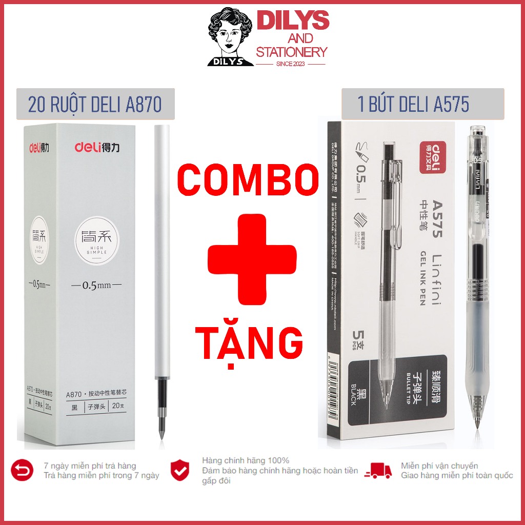 Combo 20 Ruột Deli A870 thân trắng mực đen ngòi 0.5mm (Tặng 1 bút A575)