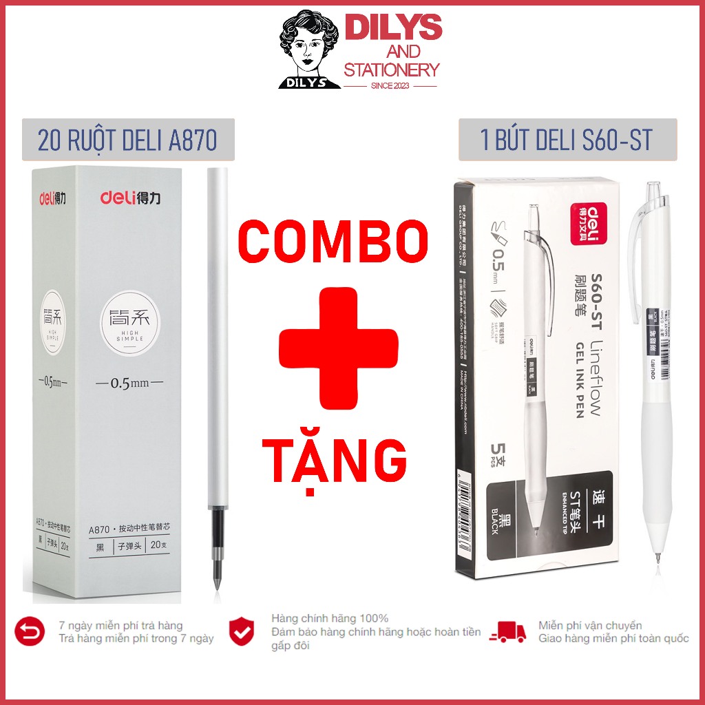 Combo 20 Ruột Deli A870 thân trắng mực đen ngòi 0.5mm (Tặng 1 bút S60-ST)