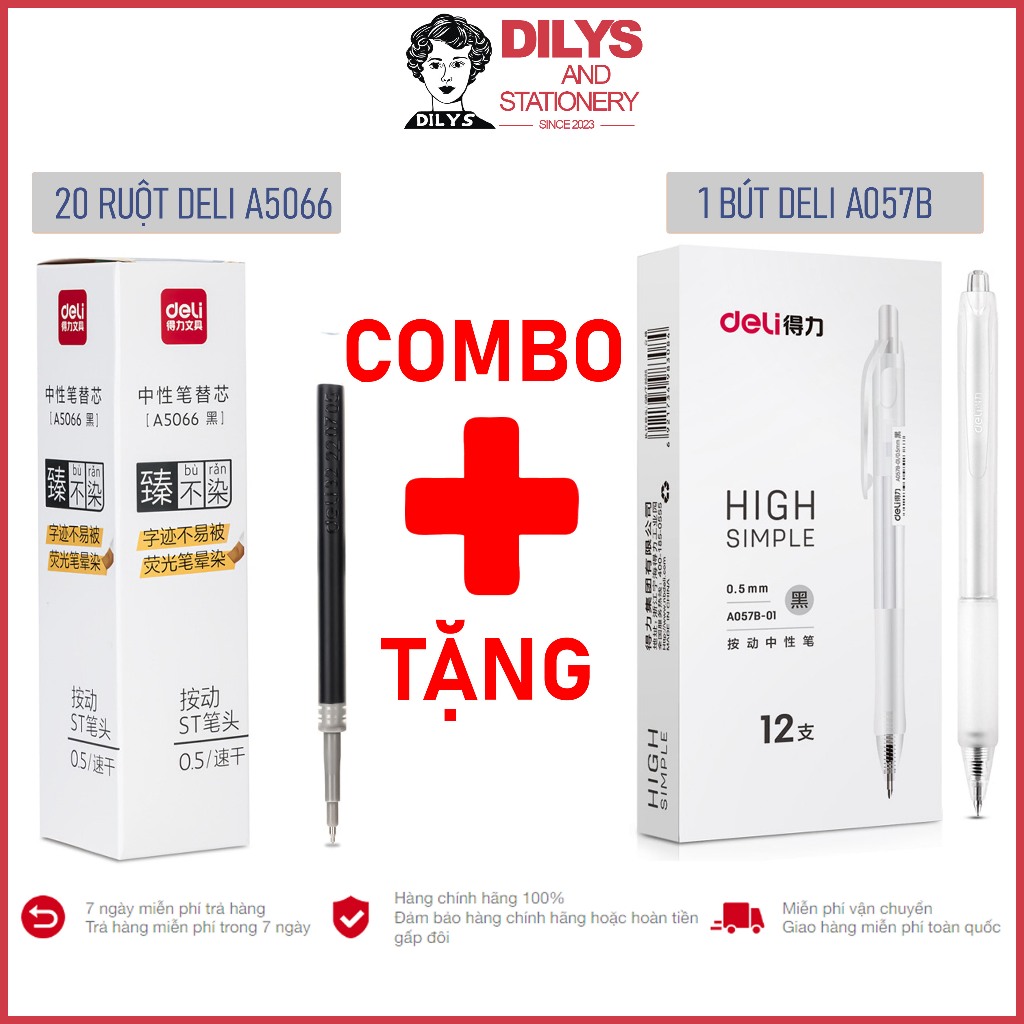 Combo 20 Ruột Deli A5066 mực đen ngòi 0.5mm (Tặng 1 bút A057B)
