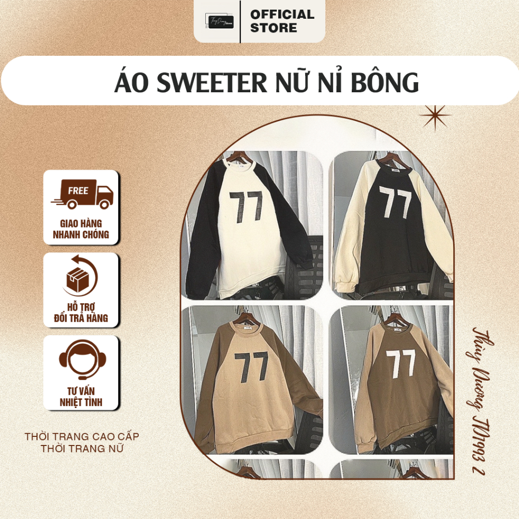 Áo Nỉ Sweeter Thùy Dương TD1993 2 - Áo Sweeter Nữ Nỉ Bông Hàng Quảng Châu Họa Tiết 77 Lớp Vải Dày Dặ
