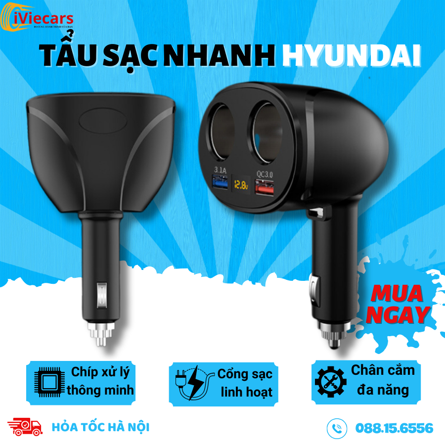 Tẩu sạc nhanh ô tô đa năng Hyundai HY-16 có đèn led báo hiệu điện áp, 2 cổng USB và 2 đầu cắm tẩu bảo hành 12 tháng