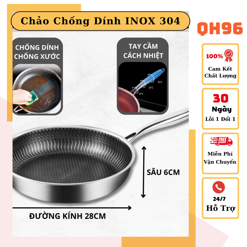 Chảo Chống Dính Vân Đá Tổ Ong Chất Liệu Inox 304 Đường Kính 28cm Dùng Cho Mọi Loại Bếp, Chống Xước Chống Rỉ - QH96