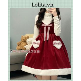 Váy hai dây lolita nhung màu đỏ hoạ tiết giáng sinh/ năm mới, KO KÈM ÁO (Kèm ảnh thật)