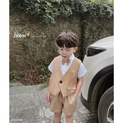 Set bộ gile cộc Beemo (5 chi tiết) vải text hàn may vest sang trọng mặc đi chơi, sự kiện cho bé trai từ 9-25kg 4007SHB