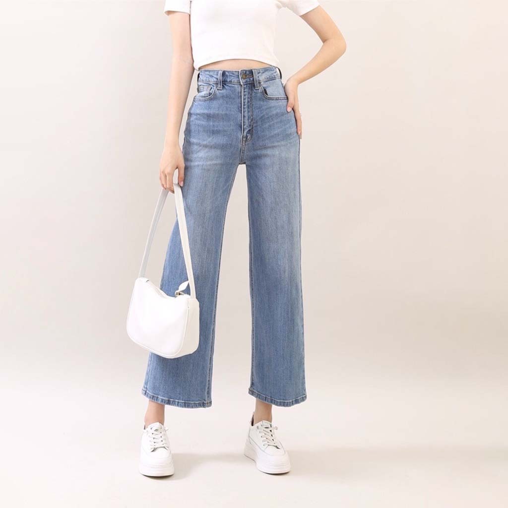 Quần bò ống rộng - Jean nữ cạp cao basic chất vải cao cấp thoáng mát co giãn 4 chiều nữ tính CP32, CT JEANS