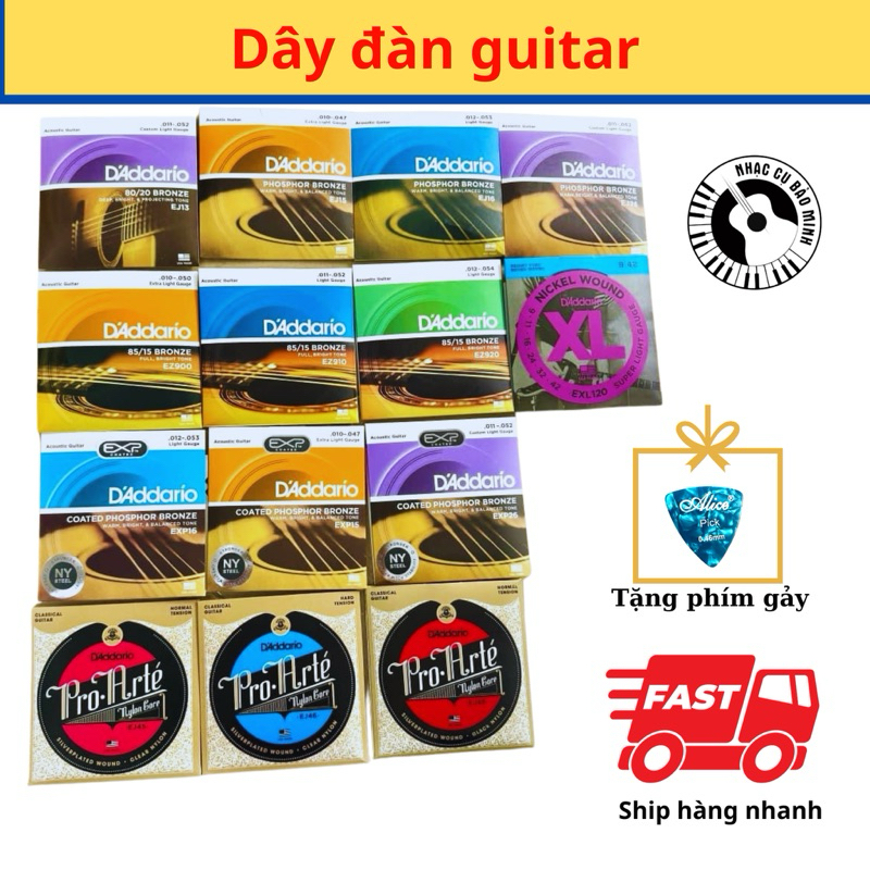 Dây đàn guitar acoustic,nilon,điện D'Addario EXP 15,16,26, EJ 13,15,16,26, EZ 900,910,920, EJ 45,46,49. Tặng phím gảy