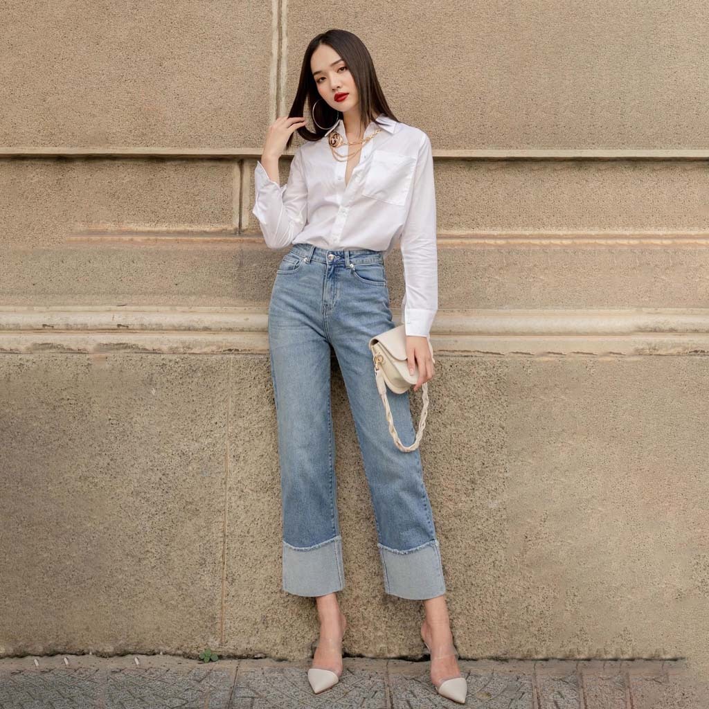 Quần jean ống rộng nữ lưng cao vải co giãn 4 chiều thoáng khí lật gấu ngược CP08, CT JEANS