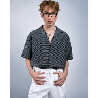Áo sơ mi nam maru tay ngắn cổ danton. maru cuban shirt màu đen sọc ngang.