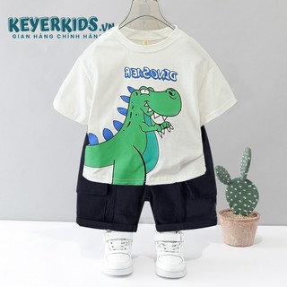 Sét Bộ Thun Cotton Khủng Long Bé Trai KEYER KIDS, Áo Thun Cotton Tàu Cổ Tròn, Quần Kaki Túi Hộp Thô Mềm SS01