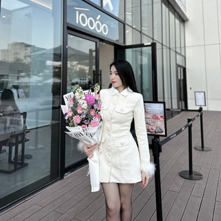 Đầm Dạ Phối Tay Lông Cổ Sơ Mi Có Thể Tháo Dài Tay Đôn Vai Hàng Cúc Bọc Dáng Ngắn Chiết Eo Tôn Dáng Sang Trọng Thanh Lịch