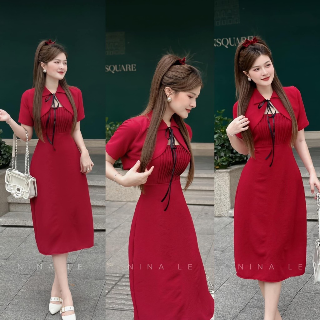 SET ĐẦM MIDI ĐỎ 2S XẾP LY NGỰC
