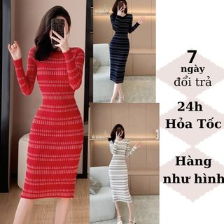 Váy Đầm Len Dáng Dài, Đầm Body Len Kẻ Sọc Tay Dài Phối Màu Ấm Áp Sang Trọng ( Có hình thật)