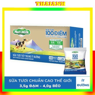 Thùng 48 bịch sữa tươi tiệt trùng nutimilk 100 điểm ít đường bịch 220ml