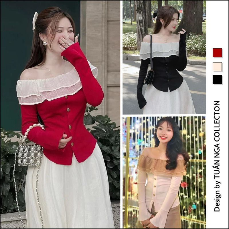 Áo tay dài trễ vai phối voan tiểu thư TUẤN NGA-XƯỞNG SỈ ÁO THUN