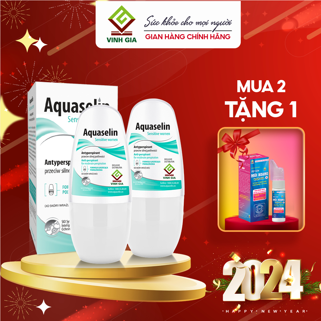 [Combo 2 Tặng 1 Xịt Rửa Mũi] Lăn Khử Mùi AQUASELIN Sensitive Women Không Gây Thâm Nách, Ố Vàng Áo - 50ml