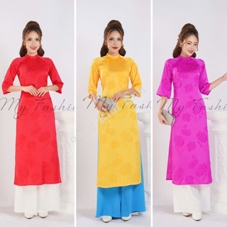 Áo dài truyền thống nữ cách tân thiết kế cúc bọc lụa trẻ trung, Áo dài cách tân nữ màu Đỏ, Vàng, Tím duyên dáng dự tiệc