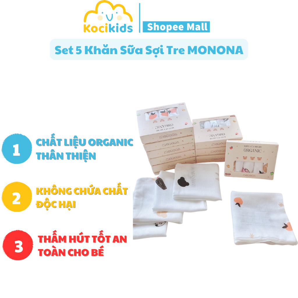 Set 5 khăn sữa sợi tre MONONA mềm mại kháng khuẩn và thấm hút tốt