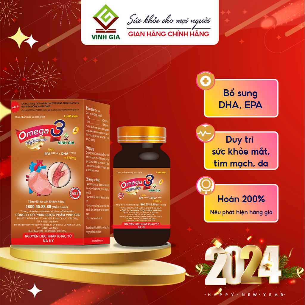 [Combo 2 Tặng 1 Omega3] Omega 3 VINH GIA 2 Hỗ Trợ Tim Mạch Giàu EPA, DHA Tăng Cường Sức Khoẻ Hiệu Quả - Hộp 60 Viên