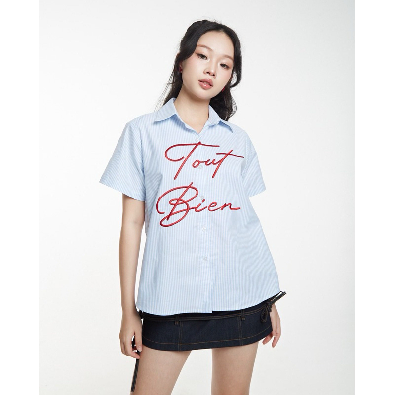 (HOẢ TỐC HCM) Tout Bien Short-Sleeve Shirt - Áo Sơ Mi Ngắn Tay Hoạ Tiết Sọc Xanh Thêu chữ  - Monstie