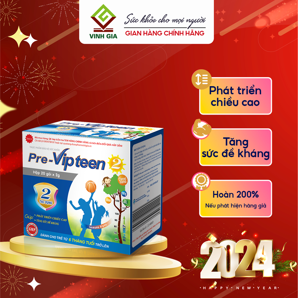 [Combo 6 Tặng 1] Pre-Vipteen 2 Giúp Tăng Sức Đề Kháng, Tăng Chiều Cao, Giảm Ốm Vặt Cho Trẻ Từ 6 Tháng-9 Tuổi 20 Gói/Hộp