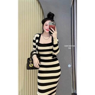 Đầm len body kẻ sọc phối màu kèm áo khoác hàng QC!