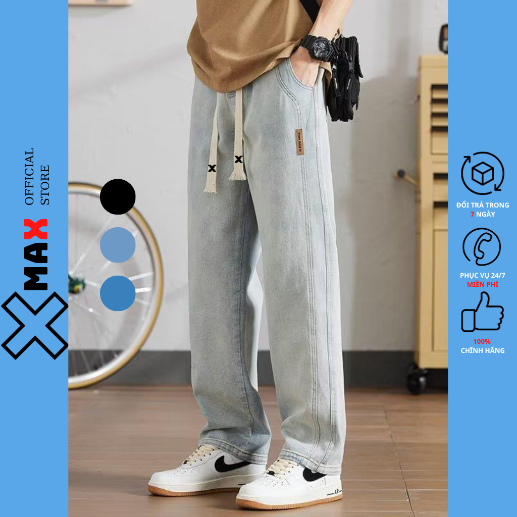 Quần jean nam ống rộng lưng cao MAXSTORE Quần bò nam cạp chun bản to có dây rút phá cách B109