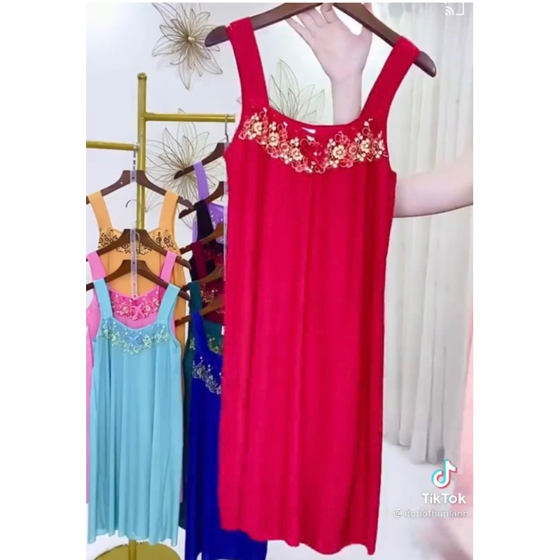 Đầm ngủ nữ, đầm thun lạnh dây bản phối ren