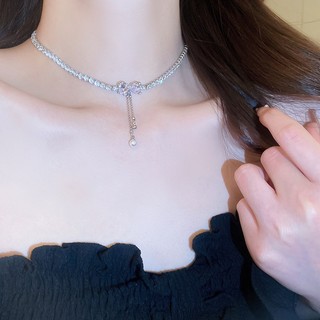 Dây chuyền nữ đính đá zircon hình nơ tua rua cao cấp sang trọng dự tiệc