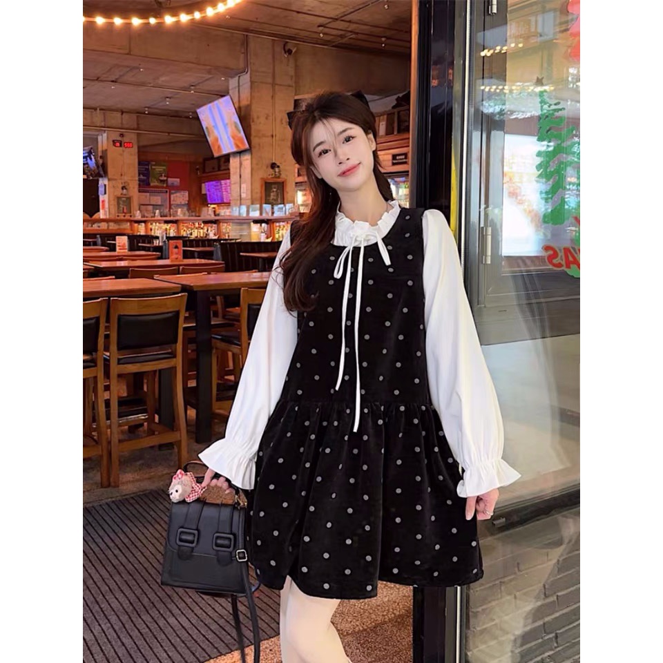 𝗺𝗶𝗲 𝘀𝘁𝘂𝗱𝗶𝗼 - Đầm chấm bi không tay x Áo trắng tay chun bèo nữ tính