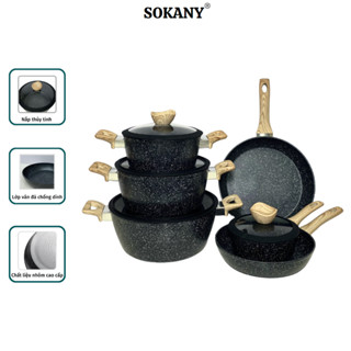 Bộ 6 món nồi chảo vân đá chống dính cao cấp Mitomo Queen Time Màu đen có nắp đậy tiện lợi
