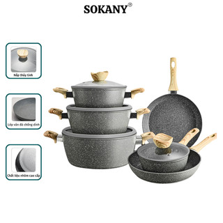Bộ nồi chảo vân đá nấu bếp từ Mitomo Queen Time 6 món cao cấp - gồm 3 nồi, 2 chảo, 1 quánh hàng chính hãng