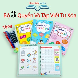Sách- Bộ 3 Quyển Vở Luyện Viết Tự Xóa Tập Tô Chữ Số Cho bé 3 4 5 Tuổi Mẫu Giáo Tặng 8 ruột+2 vỏ bút + 2 định vị cầm bút
