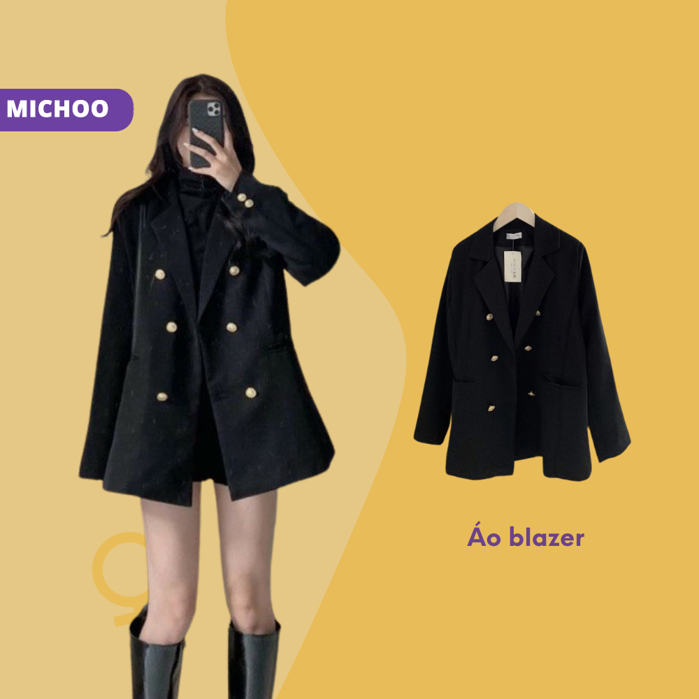 Áo Blazer Nữ Dài Tay Độn Vai MICHOO 6 Cúc Khoác Ngoài Form Rộng