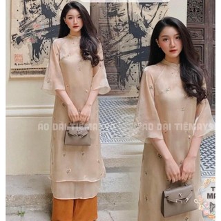 Áo dài cách tân , áo dài dáng xuông thêu hoa nổi chất liệu voan tơ tay loe trẻ trung