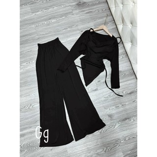 Set 3 món tăm lạnh áo nhọn tà rút dây kèm áo khoác phối quần suông dài