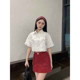 Áo sơ mi croptop nữ ngắn tau phối túi giã ngực thời trang | Viens Top | Secodee