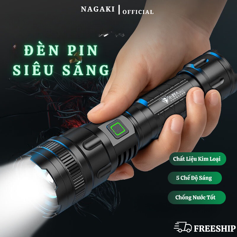 Đèn Pin NAGAKI Pin Trâu Siêu Sáng Ánh Sáng Mạnh Tích Hợp Cổng Sạc USB