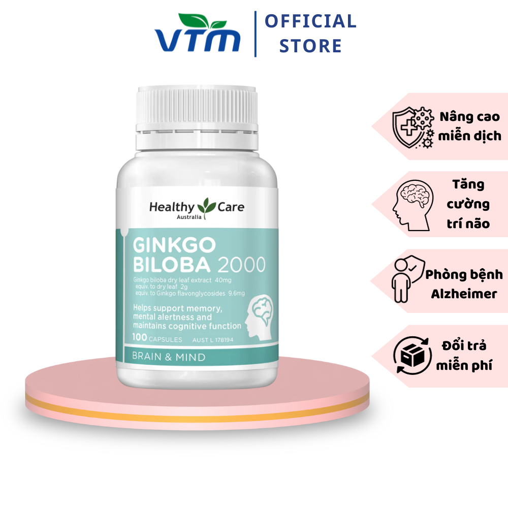 Viên uống bổ não Healthy Care Ginkgo Biloba tăng cường trí nhớ, giảm đau đầu, lưu thông máu não - 100 viên