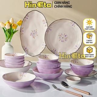 Bát đĩa gốm sứ cúc tím HINATA phong cách vintage bát đĩa ô tô canh chén bát cơm âu cơm sứ cao cấp - BH 1 đổi 1