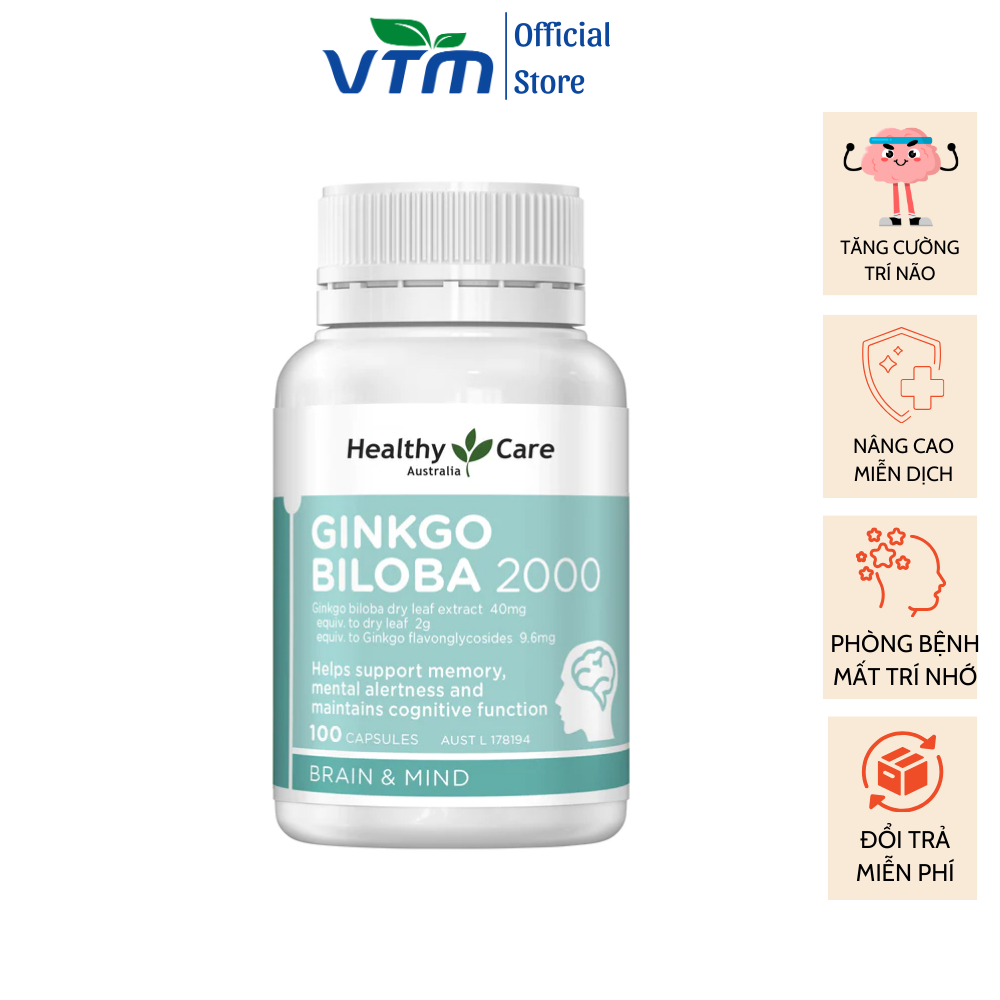 Viên uống bổ não Healthy Care Ginkgo Biloba tăng cường trí nhớ, giảm đau đầu, lưu thông máu não - 100 viên