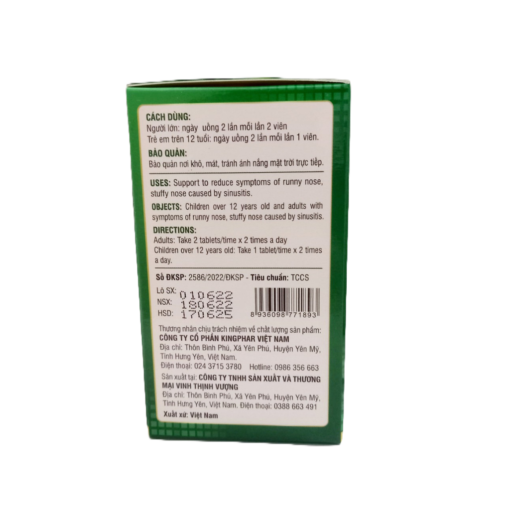 Viên Xoang Kingphar Chính Hãng - Giải pháp cho người bị vim xoang, vim mũi dị ứng , ngạt mũi do vim xoang - Hộp 60 viên