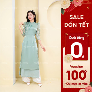 Áo dài giáo viên voan nhũ cổ tròn tay bồng đính hoa màu xanh mint by Quỳnh Hương